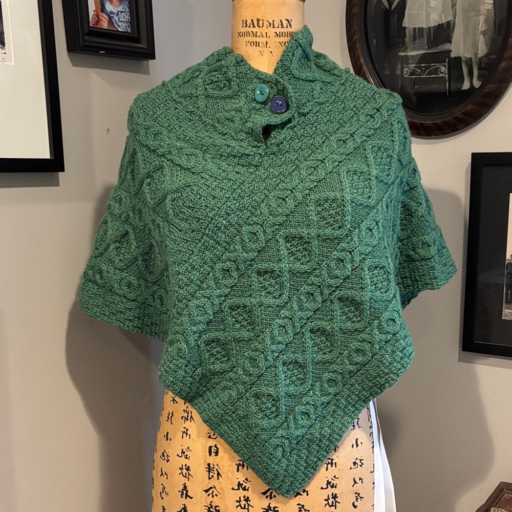 Green Aran Sweater Market Irish Cable Knit  Merino Poncho Certified